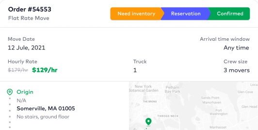 Client account page showing order status, move details and route